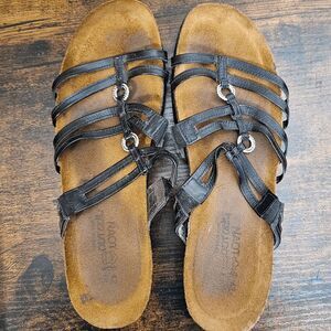 Naot Betty Black Leather Rhinestone Accent Triple Strappy Sandals Slides Size 42